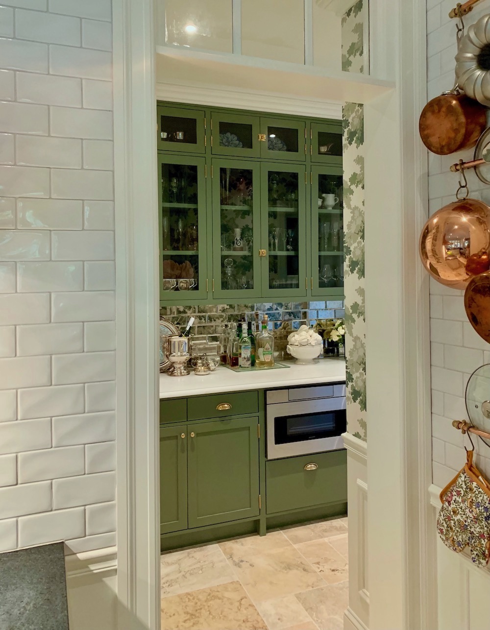 Butler's pantry - subway tile - copper pots