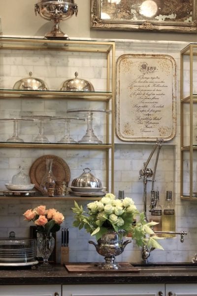 French Bistro Shelving - galley kitchen - marble backsplash