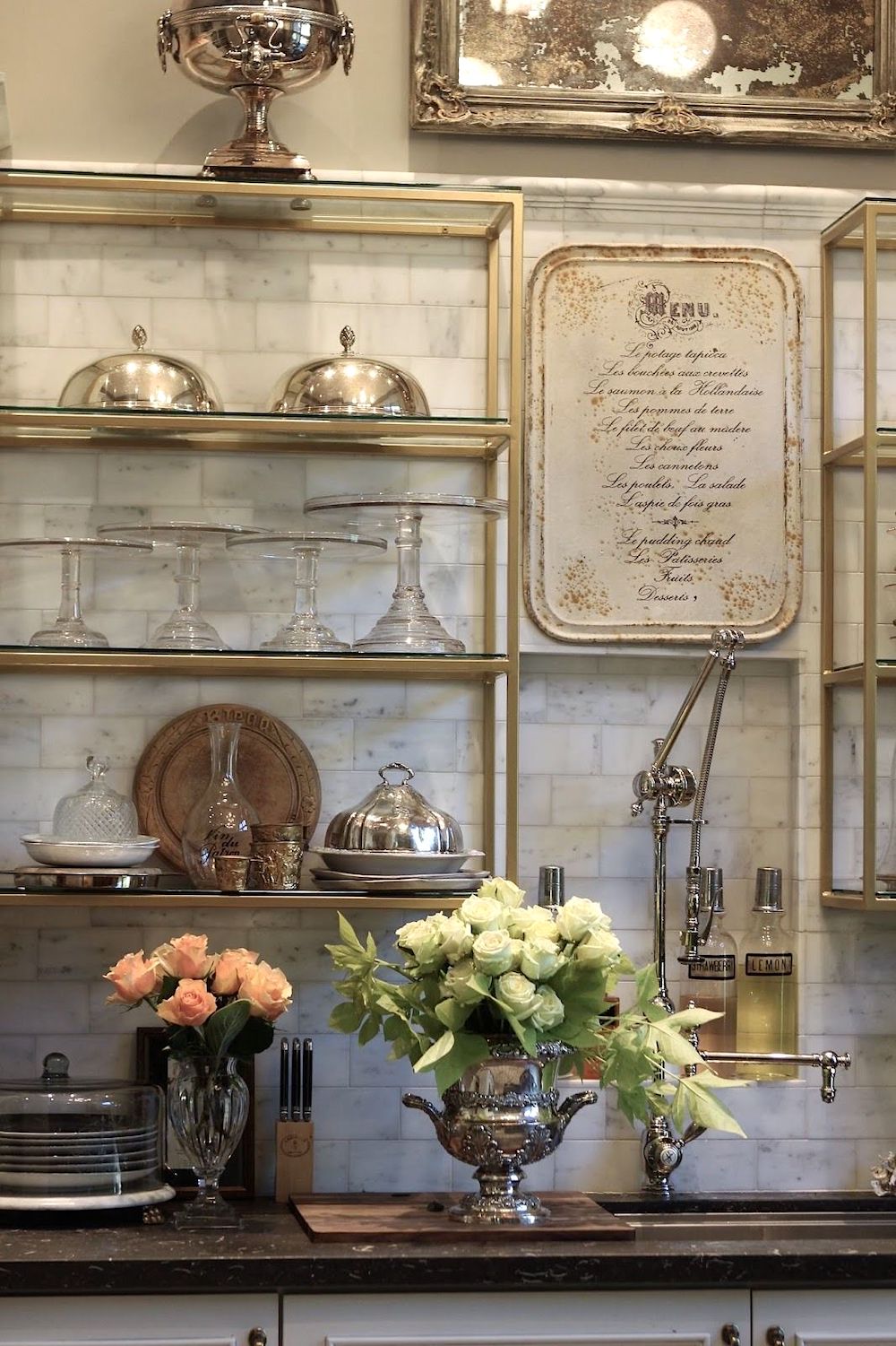 French Bistro Shelving - galley kitchen - marble backsplash