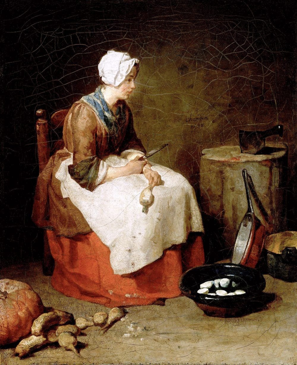 Jean-Baptiste_Siméon_Chardin_017 - 1738 woman cleaning turnips - early French Country Kitchens
