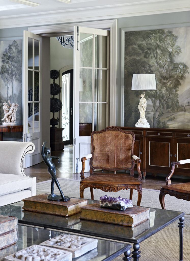 John Jacob - not boring gray trend living room - gorgeous grisaille wallpaper