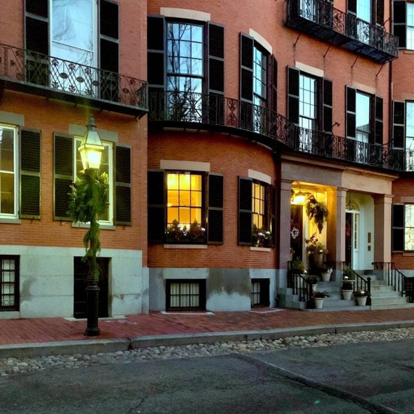 magnificent townhouses Beacon Hill at twilight Christmas 2020