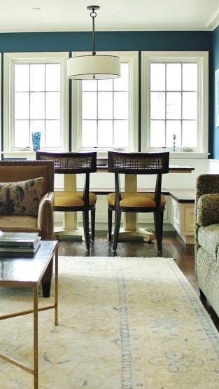 Family room dining area drum pendant light over dining table