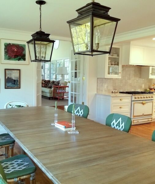 Virtual-Kitchen-Design-Benjamin-Moore-Simply-White-art-wall-ceiling lanterns-Ballard-Designs