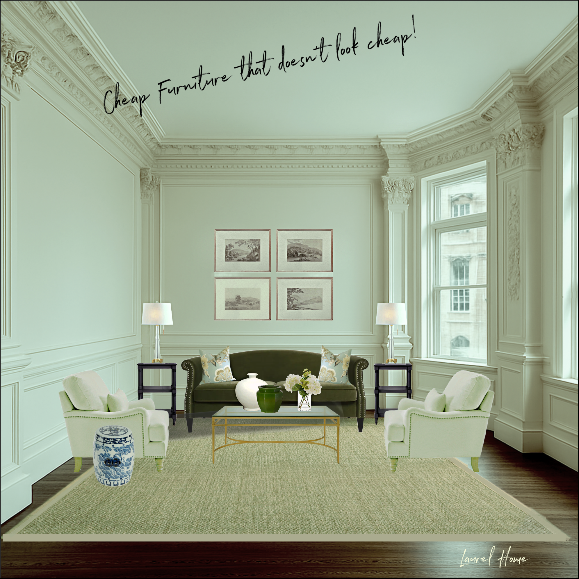 Beaux-Arts furnished living room with cheap furniture