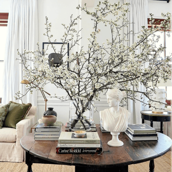 Best neutral color scheme - white walls - Steve Cordony - Rosedale Farm Living room - blooming branches - white linen draperies