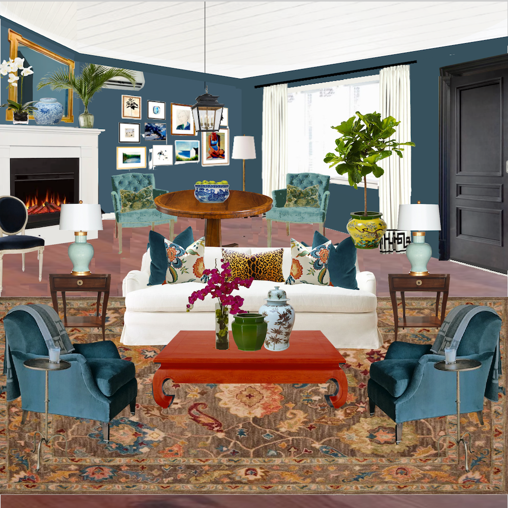 Cheri LR floral rug white sofa red coffee table Van Deusen Blue walls