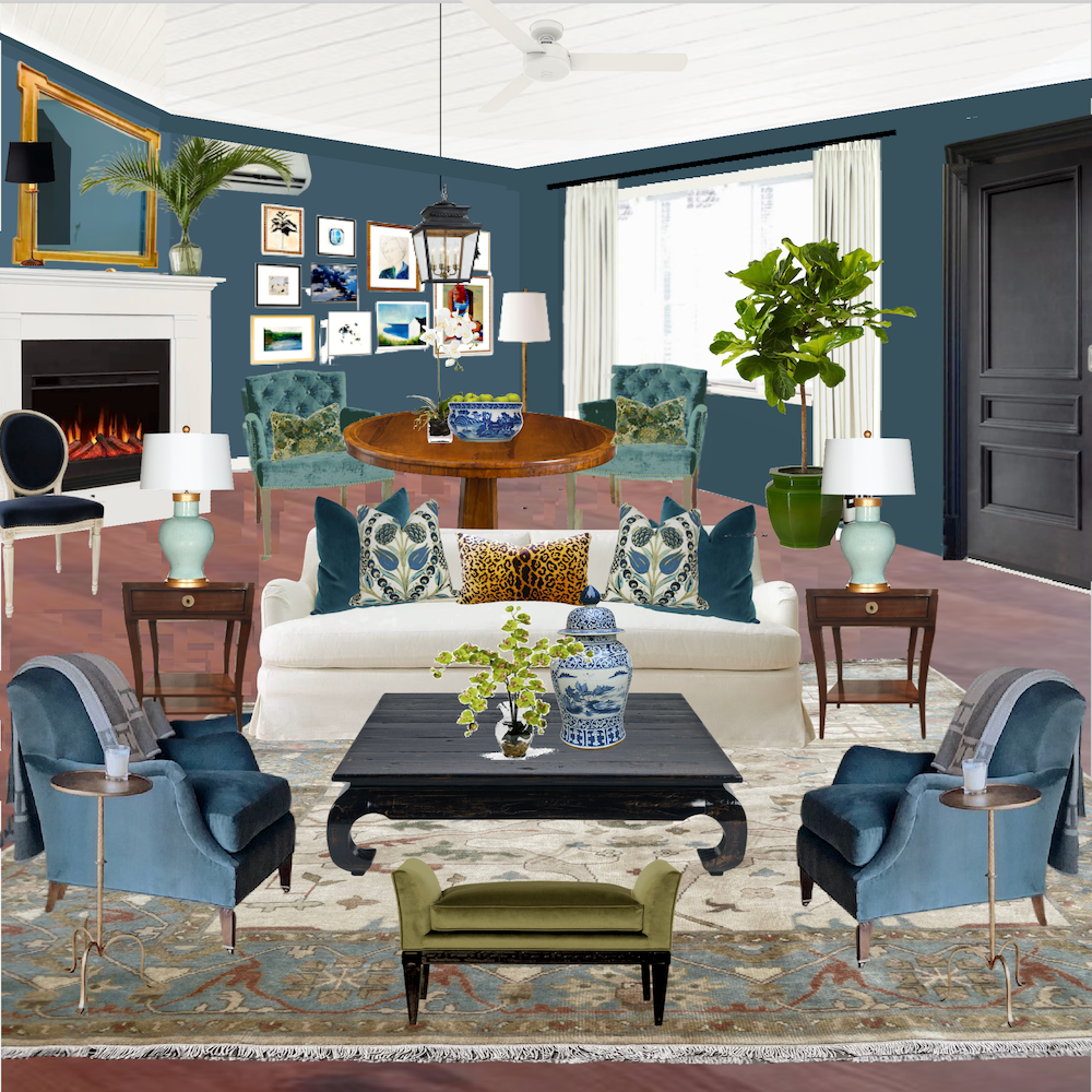 Cher LR Oushak rug cream sofa Van Deusen Blue walls