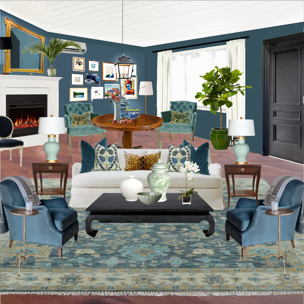 Cheri LR Oushak rug white sofa Van Deusen Blue walls copy(1)