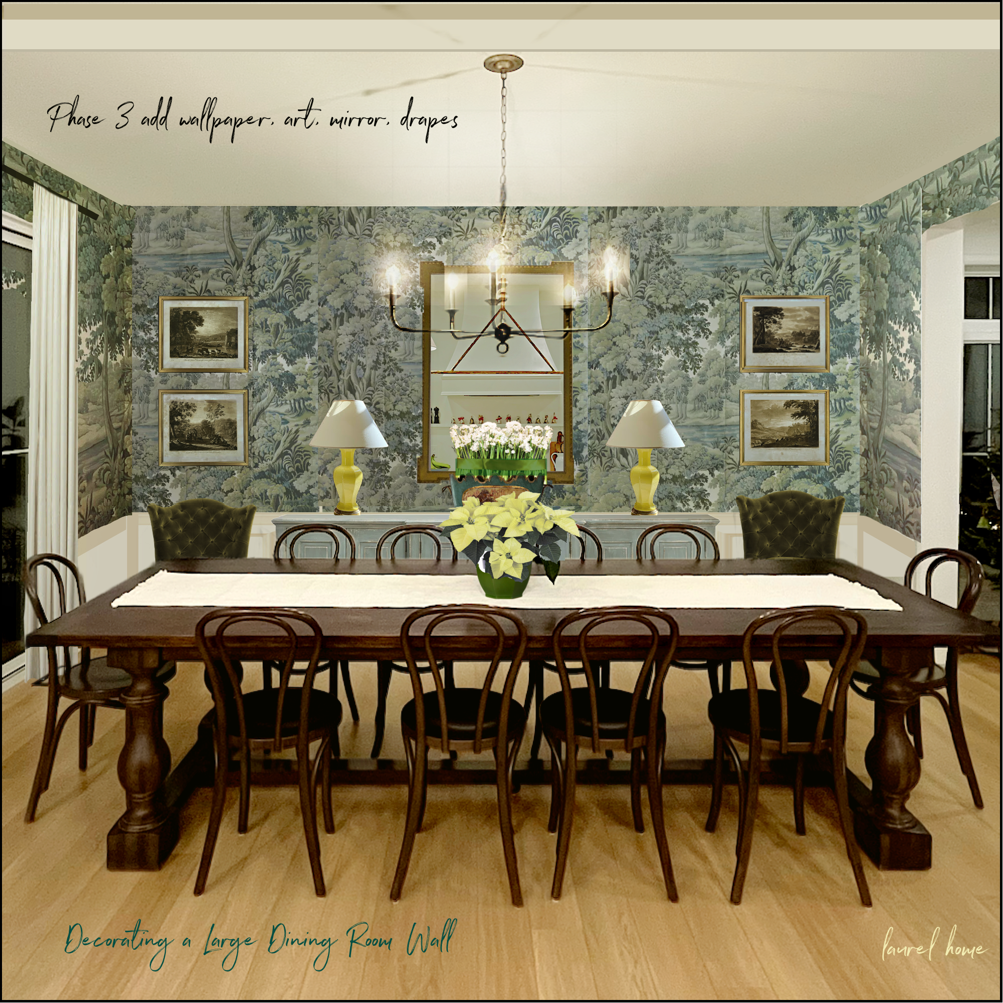 Decorating Large Dining Room Wall - Lamps, Wallpaper, Art, Window Treatments(1)