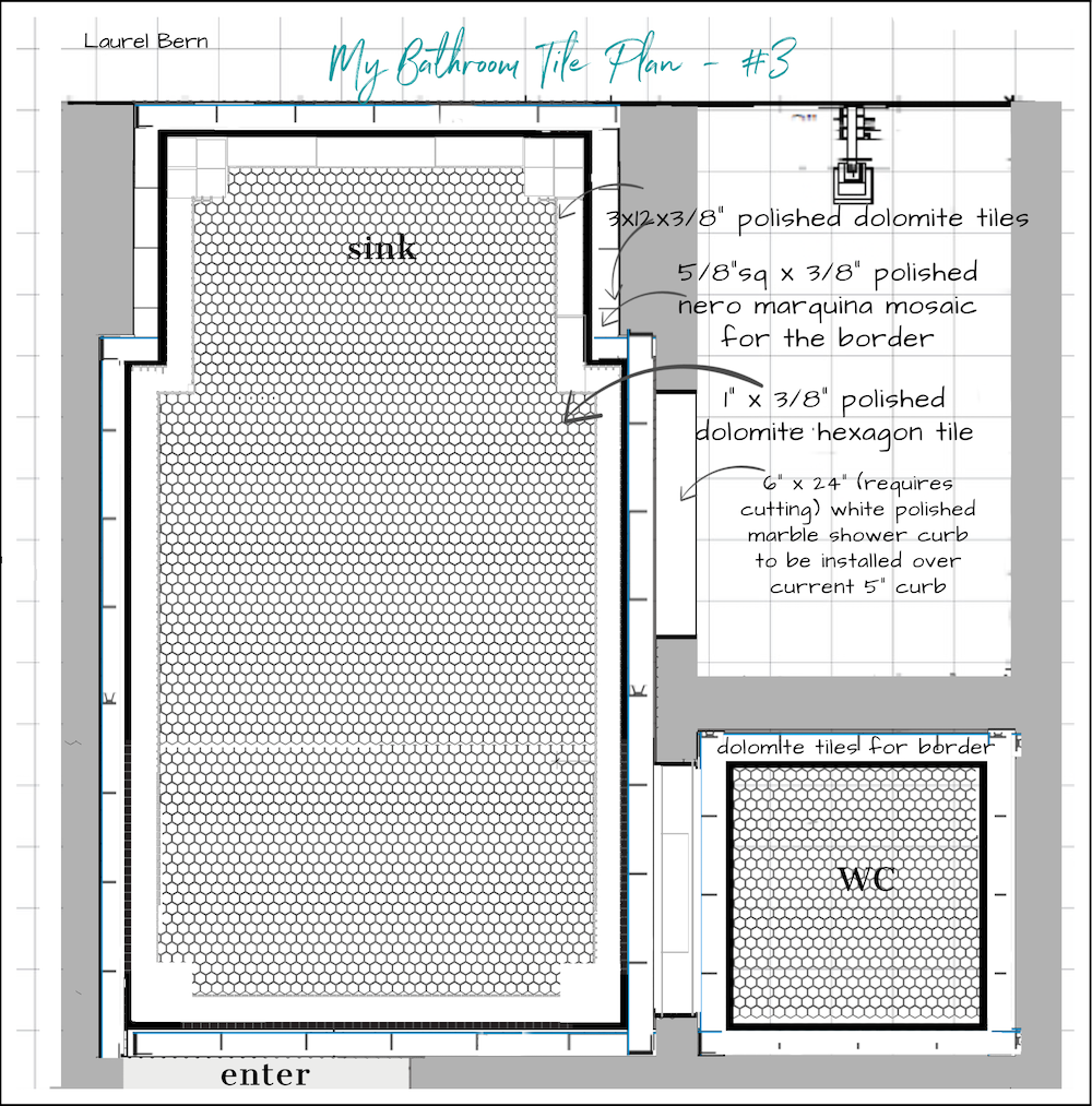 dolomite hex field tile Black Nero Marquina simple border
