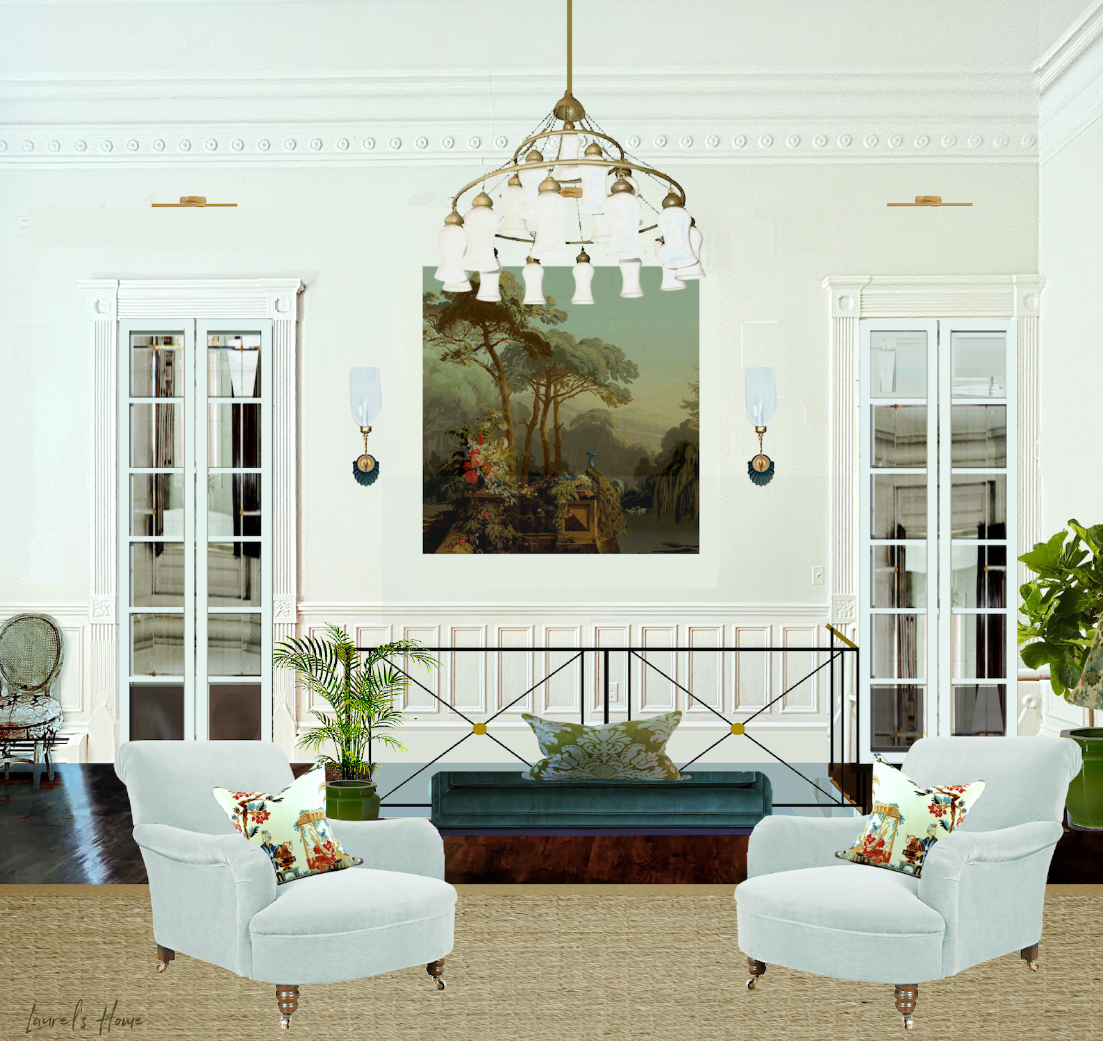 double x stair railing blue-gray chairs mirrored doors Sara Chandelier