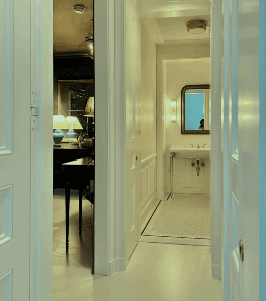 embrasure hall looking into primary bathroom and garden level entry