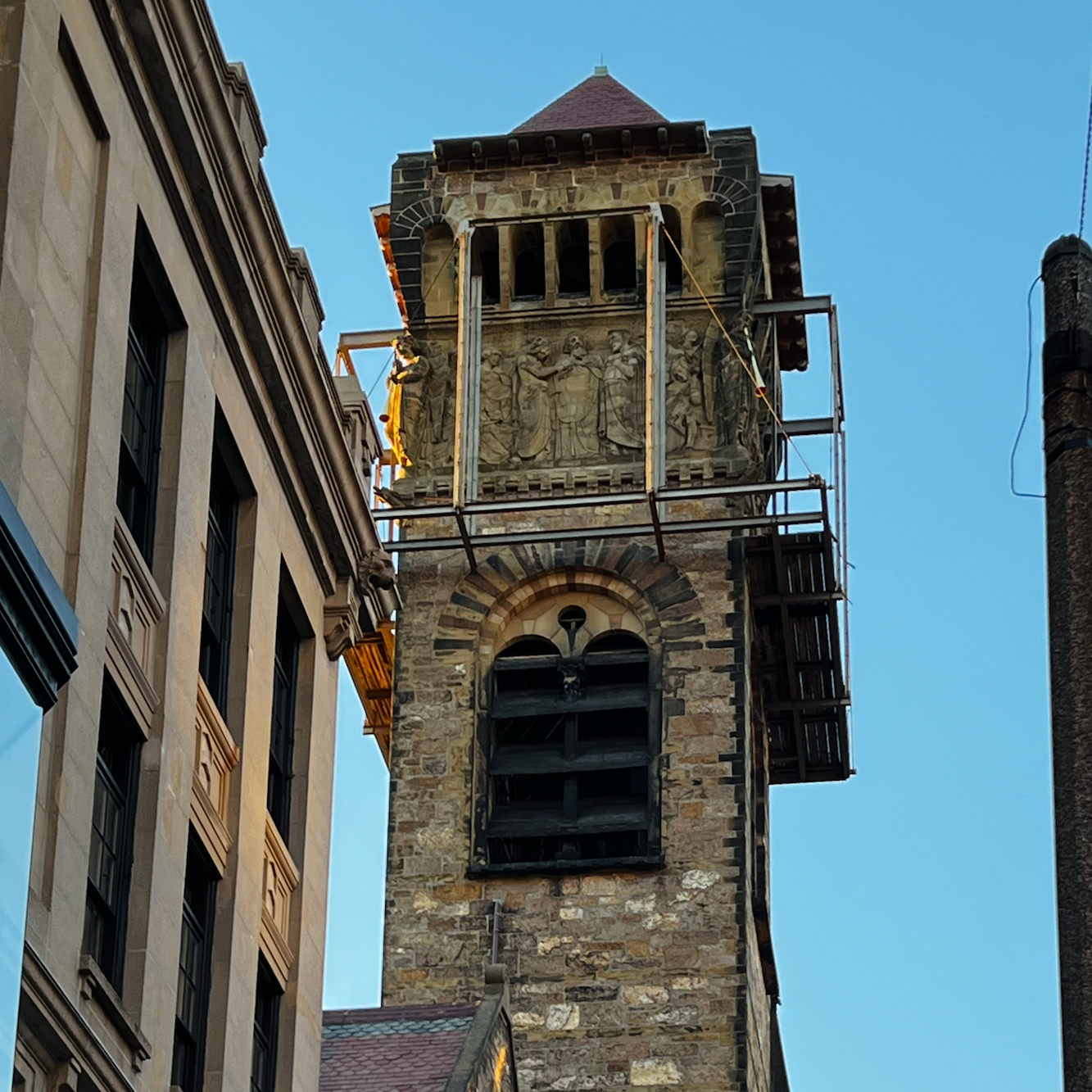 First Baptist bell tower scaffolding is mostly gone