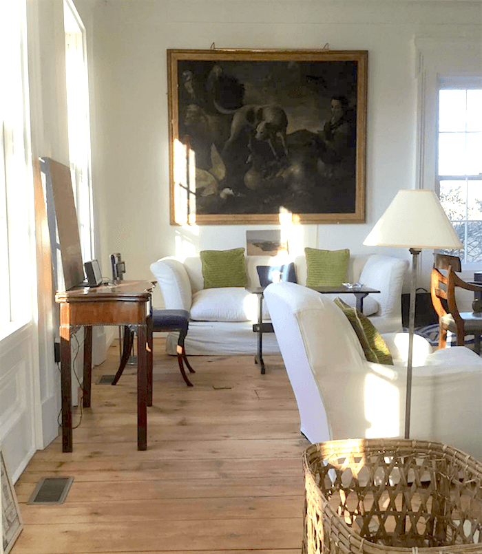 Gerald Bland exquiste not bland decor - white slipcovers - fabulous old oil painting - white walls