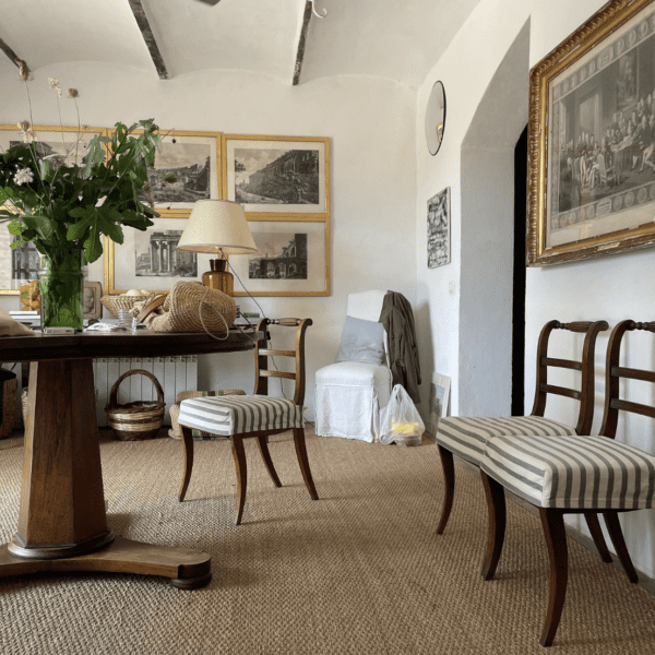 Gerald Bland Regency table and chairs slipcovered - architectural prints