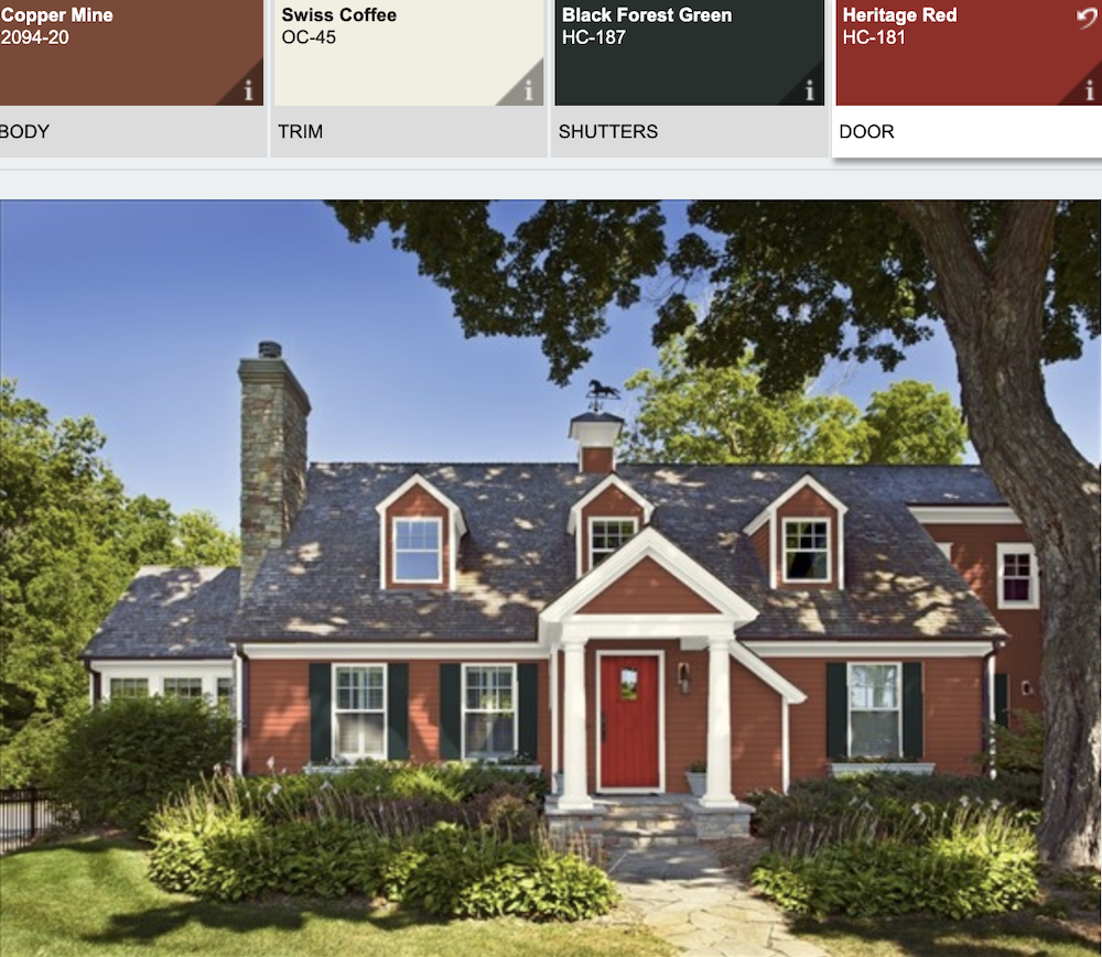 Benjamin Moore Heritage Red door + Black forest green shutters