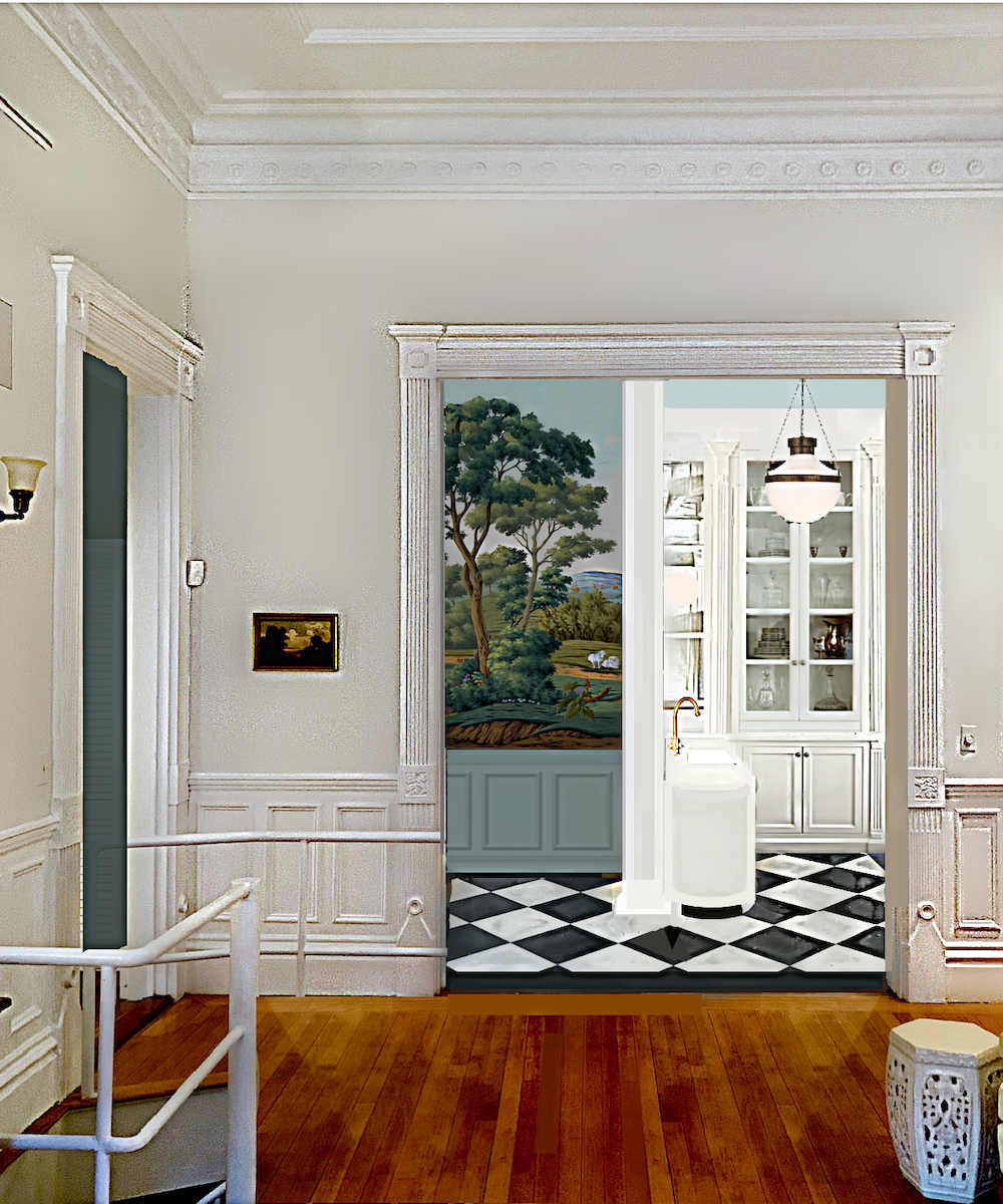 kitchen mock-up March 14, 2022 white marble counter schoolhouse light