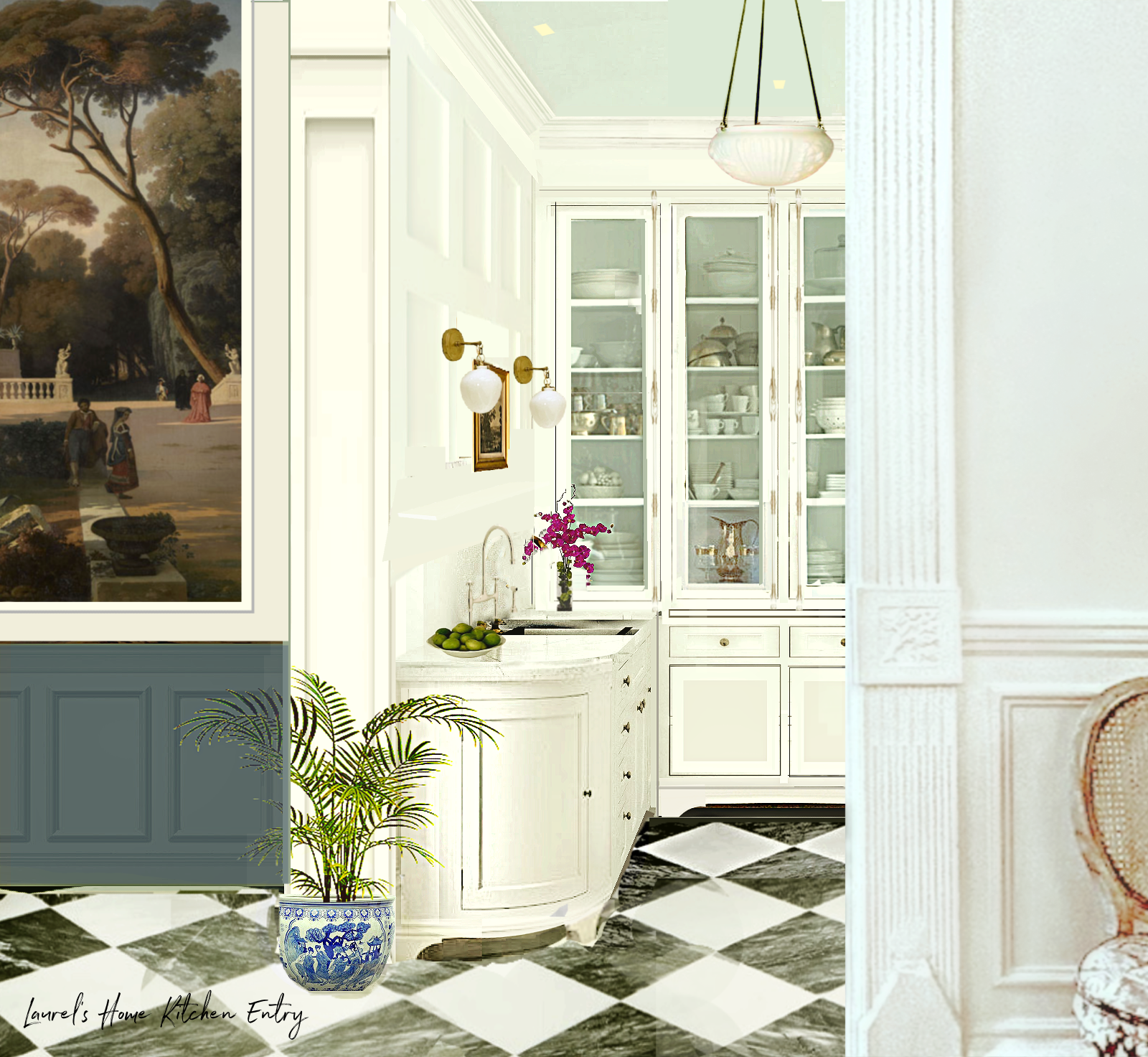 kitchen perspective milk glass pendant 2 Katie sconces -papiers de paris mural