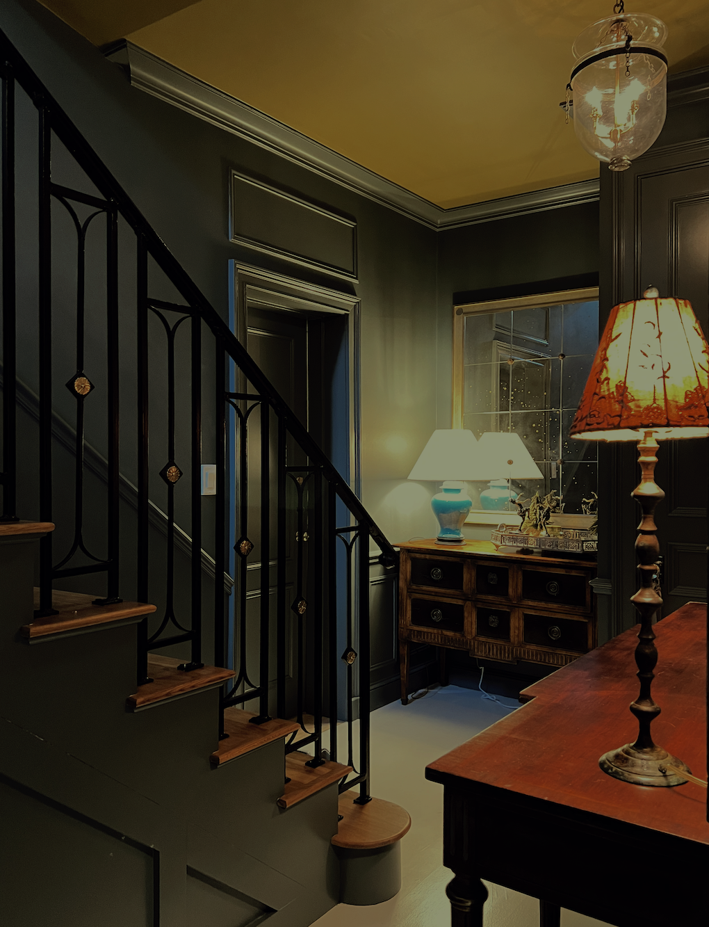 Lower Level Entry - Benjamin Moore Knoxville Gray wall color - Newt Green Ceiling color