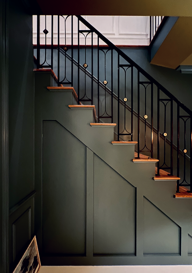 lower level hidden storage staircase + Benjamin Moore Knoxville Gray hc-160