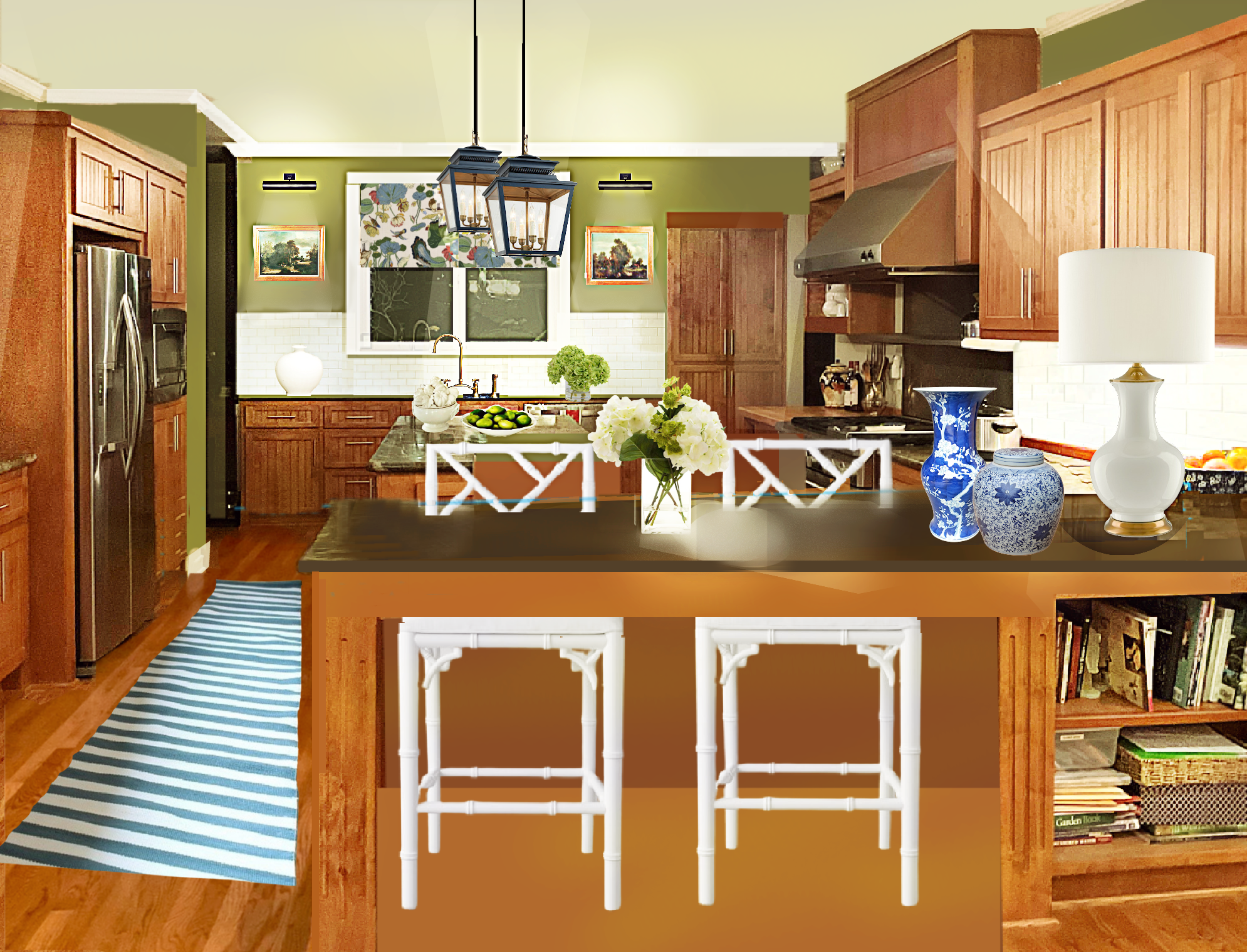 Mary's kitchen after green walls wood stained kitchen - neutral paint colors-Timson Green walls