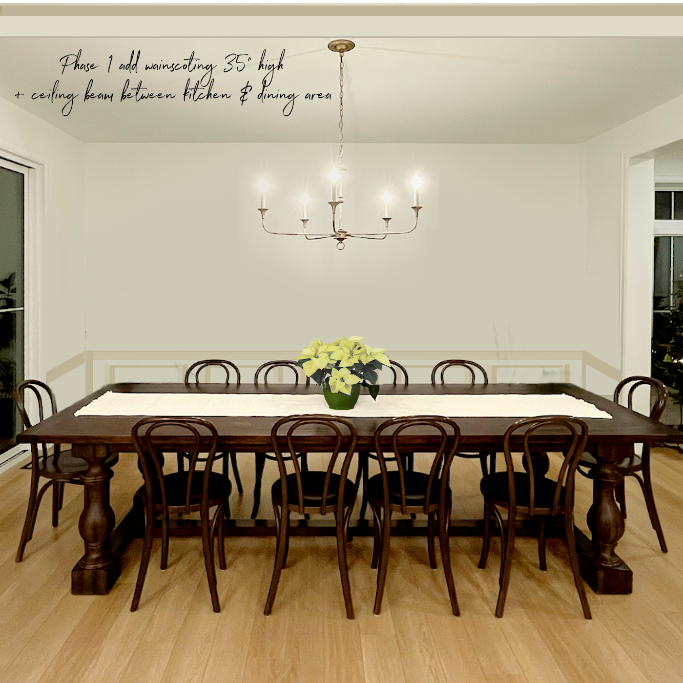Dining room wall with added wainscoting and a ceiling beam.