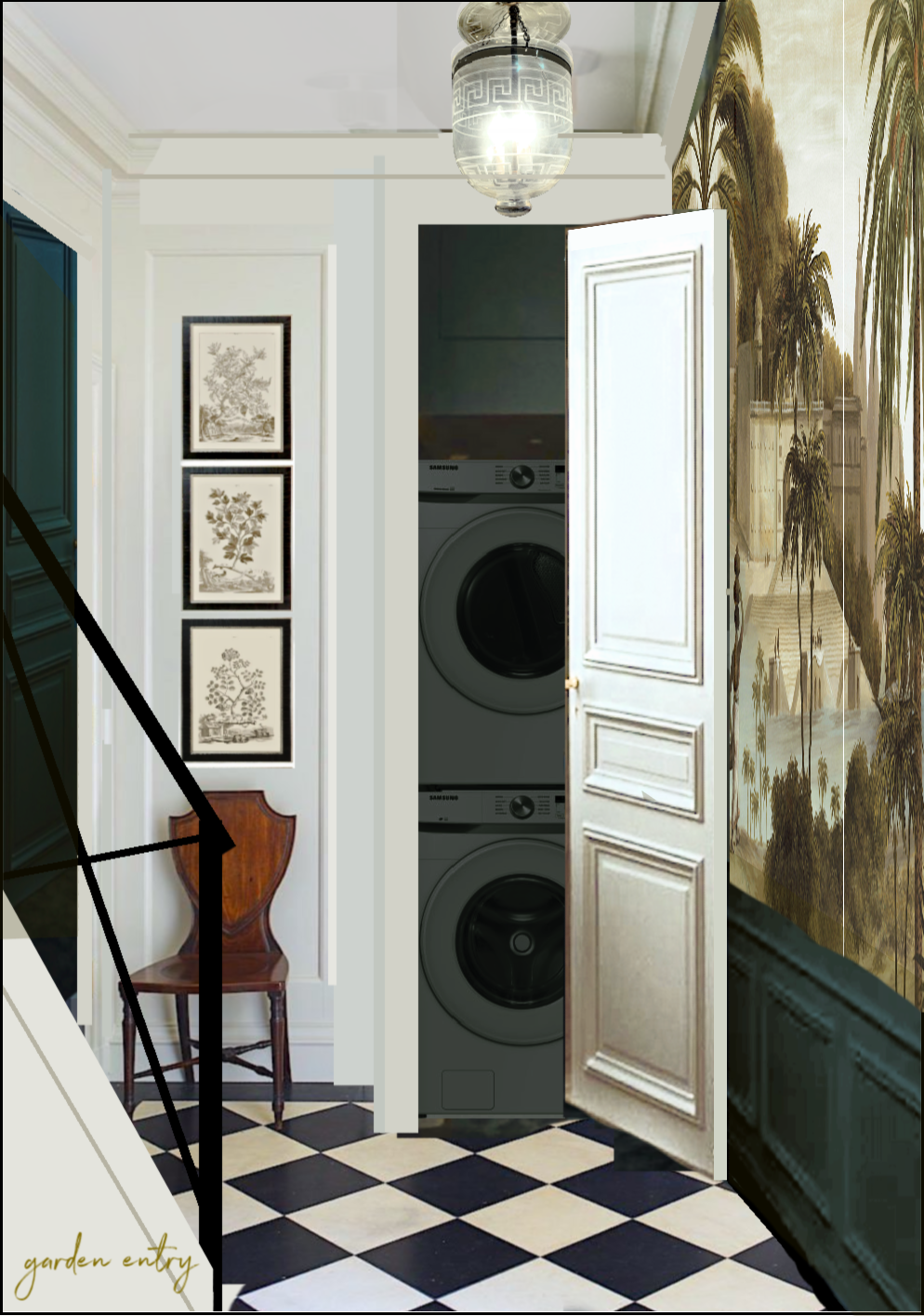 My garden level entry white door Essex Green wainscoting