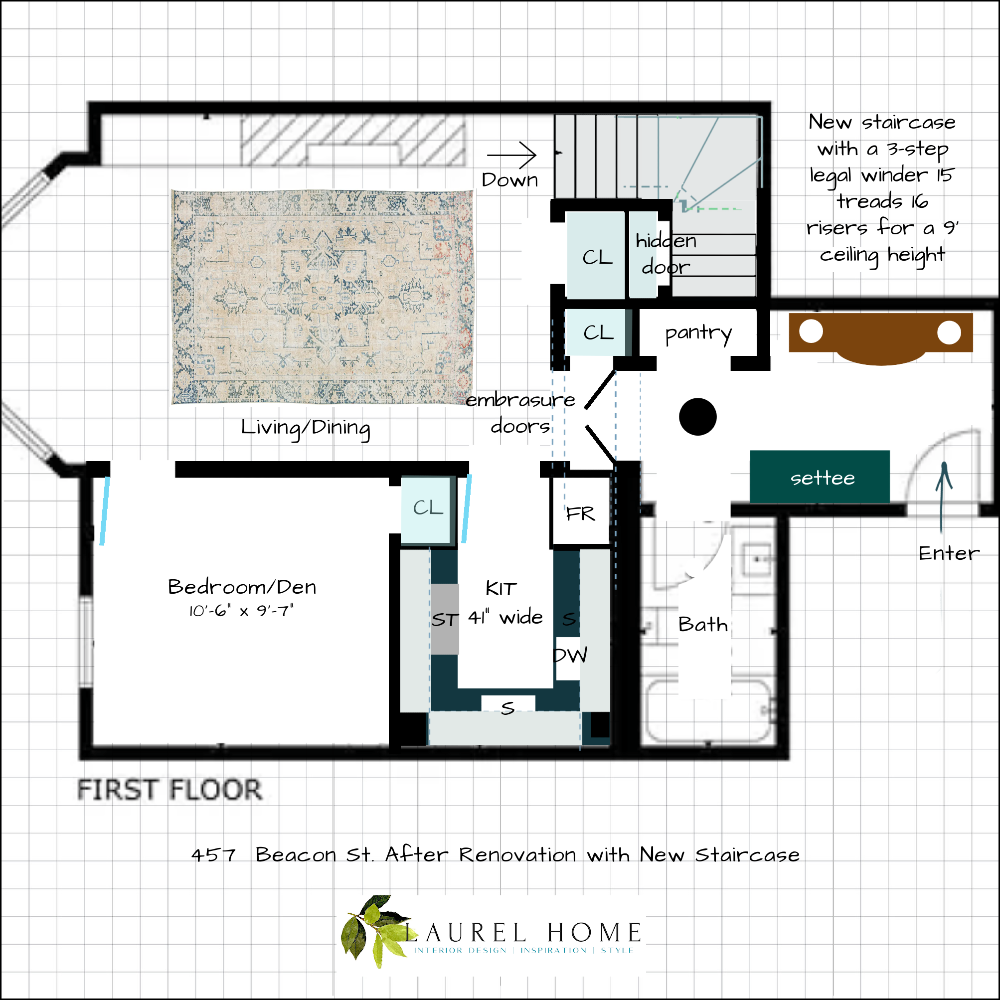 one-bedroom Beacon St upstairs new staircase - 3-step winder +embrasure doors