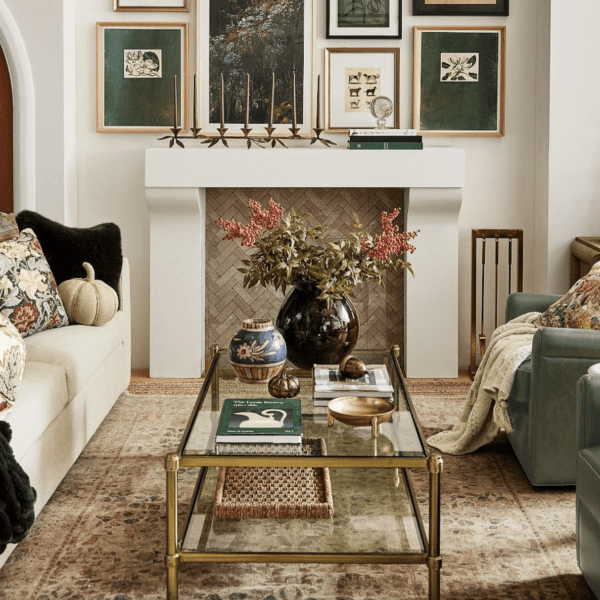 Pottery Barn Everson antique brass and glass coffee table