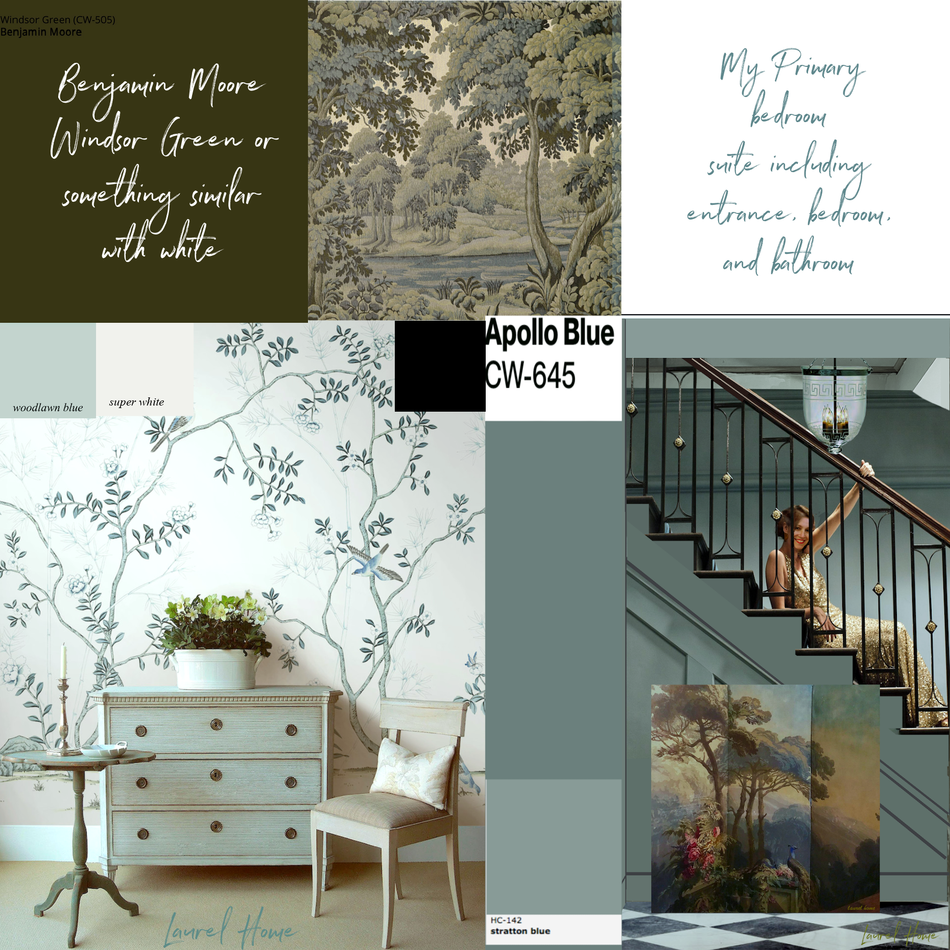 Primary bedroom suite color scheme - Benjamin Moore Windsor Green