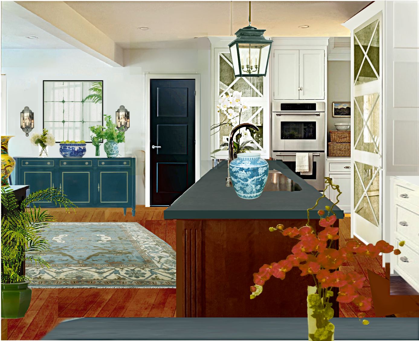 Vicki's kitchen cherry mix with white cabinetry soapstone island hydrangeas