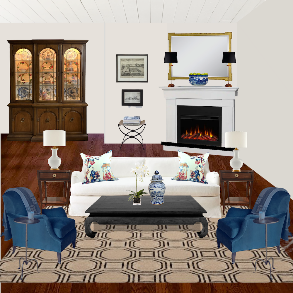 white walls living room hexagon rug black coffee table